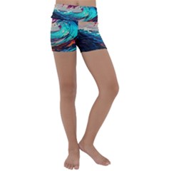 Tsunami Waves Ocean Sea Nautical Nature Water Painting Kids  Lightweight Velour Yoga Shorts by Jancukart