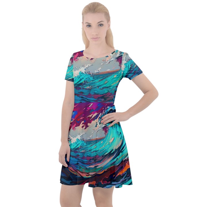 Tsunami Waves Ocean Sea Nautical Nature Water Painting Cap Sleeve Velour Dress 