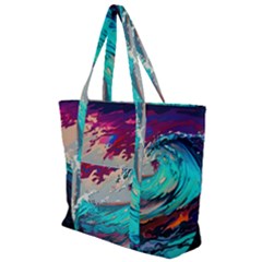 Tsunami Waves Ocean Sea Nautical Nature Water Painting Zip Up Canvas Bag by Jancukart