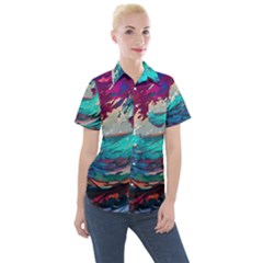 Tsunami Waves Ocean Sea Nautical Nature Water Painting Women s Short Sleeve Pocket Shirt