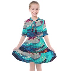 Tsunami Waves Ocean Sea Nautical Nature Water Painting Kids  All Frills Chiffon Dress by Jancukart