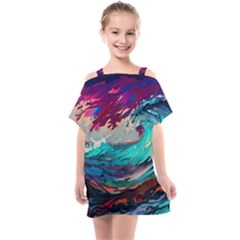 Tsunami Waves Ocean Sea Nautical Nature Water Painting Kids  One Piece Chiffon Dress by Jancukart