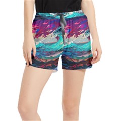 Tsunami Waves Ocean Sea Nautical Nature Water Painting Women s Runner Shorts by Jancukart