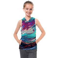 Tsunami Waves Ocean Sea Nautical Nature Water Painting Kids  Sleeveless Hoodie