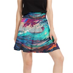 Tsunami Waves Ocean Sea Nautical Nature Water Painting Waistband Skirt by Jancukart