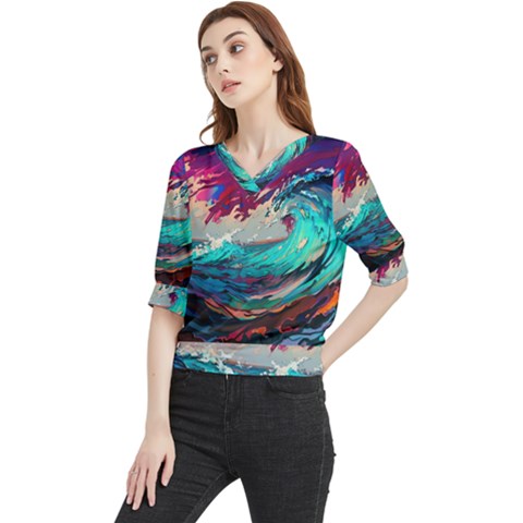 Tsunami Waves Ocean Sea Nautical Nature Water Painting Quarter Sleeve Blouse by Jancukart