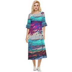 Tsunami Waves Ocean Sea Nautical Nature Water Painting Double Cuff Midi Dress by Jancukart