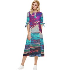 Tsunami Waves Ocean Sea Nautical Nature Water Painting Bow Sleeve Chiffon Midi Dress by Jancukart