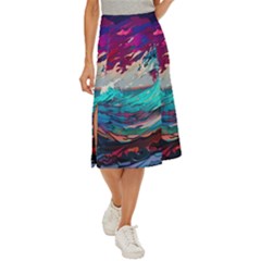 Tsunami Waves Ocean Sea Nautical Nature Water Painting Midi Panel Skirt by Jancukart