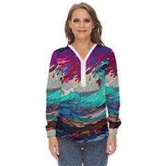 Tsunami Waves Ocean Sea Nautical Nature Water Painting Zip Up Long Sleeve Blouse