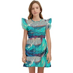 Tsunami Waves Ocean Sea Nautical Nature Water Painting Kids  Winged Sleeve Dress