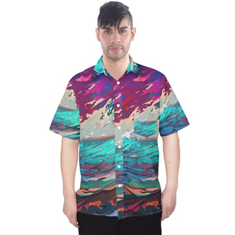 Tsunami Waves Ocean Sea Nautical Nature Water Painting Men s Hawaii Shirt by Jancukart