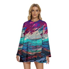 Tsunami Waves Ocean Sea Nautical Nature Water Painting Round Neck Long Sleeve Bohemian Style Chiffon Mini Dress