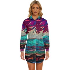 Tsunami Waves Ocean Sea Nautical Nature Water Painting Womens Long Sleeve Shirt Dress