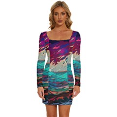 Tsunami Waves Ocean Sea Nautical Nature Water Painting Long Sleeve Square Neck Bodycon Velvet Dress by Jancukart