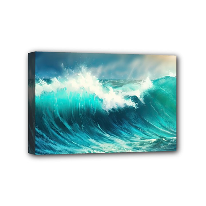 Waves Ocean Sea Tsunami Nautical Blue Mini Canvas 6  x 4  (Stretched)