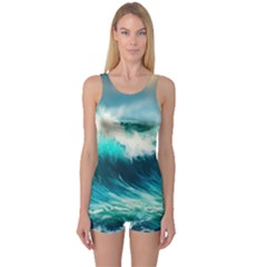 Waves Ocean Sea Tsunami Nautical Blue One Piece Boyleg Swimsuit by Jancukart