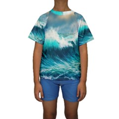 Waves Ocean Sea Tsunami Nautical Blue Kids  Short Sleeve Swimwear by Jancukart