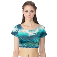 Waves Ocean Sea Tsunami Nautical Blue Short Sleeve Crop Top