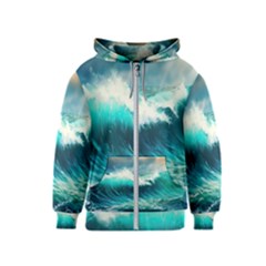 Waves Ocean Sea Tsunami Nautical Blue Kids  Zipper Hoodie