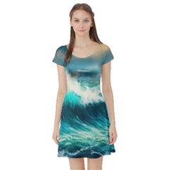 Waves Ocean Sea Tsunami Nautical Blue Short Sleeve Skater Dress by Jancukart