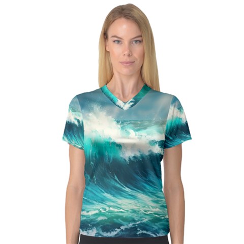 Waves Ocean Sea Tsunami Nautical Blue V-neck Sport Mesh Tee by Jancukart