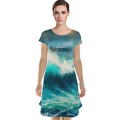 Waves Ocean Sea Tsunami Nautical Blue Cap Sleeve Nightdress