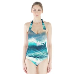 Waves Ocean Sea Tsunami Nautical Blue Halter Swimsuit by Jancukart