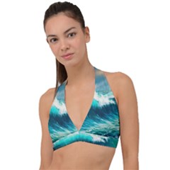 Waves Ocean Sea Tsunami Nautical Blue Halter Plunge Bikini Top by Jancukart