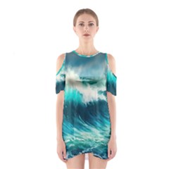 Waves Ocean Sea Tsunami Nautical Blue Shoulder Cutout One Piece Dress