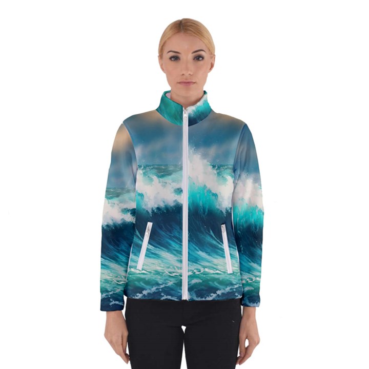 Waves Ocean Sea Tsunami Nautical Blue Women s Bomber Jacket