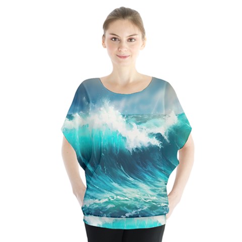 Waves Ocean Sea Tsunami Nautical Blue Batwing Chiffon Blouse by Jancukart