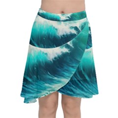 Waves Ocean Sea Tsunami Nautical Blue Chiffon Wrap Front Skirt by Jancukart