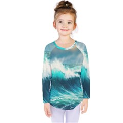 Waves Ocean Sea Tsunami Nautical Blue Kids  Long Sleeve Tee