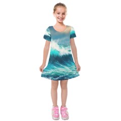 Waves Ocean Sea Tsunami Nautical Blue Kids  Short Sleeve Velvet Dress