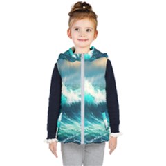 Waves Ocean Sea Tsunami Nautical Blue Kids  Hooded Puffer Vest