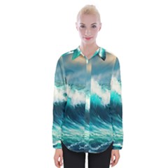 Waves Ocean Sea Tsunami Nautical Blue Womens Long Sleeve Shirt