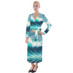 Waves Ocean Sea Tsunami Nautical Blue Velvet Maxi Wrap Dress by Jancukart