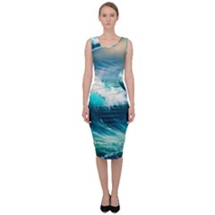 Waves Ocean Sea Tsunami Nautical Blue Sleeveless Pencil Dress by Jancukart