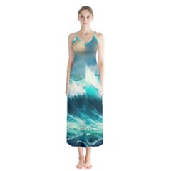 Waves Ocean Sea Tsunami Nautical Blue Button Up Chiffon Maxi Dress