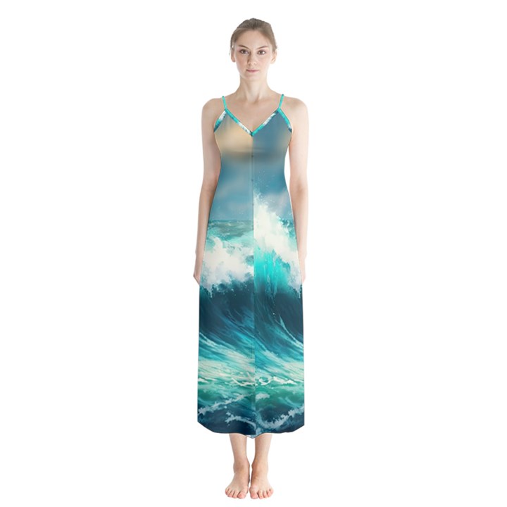 Waves Ocean Sea Tsunami Nautical Blue Button Up Chiffon Maxi Dress