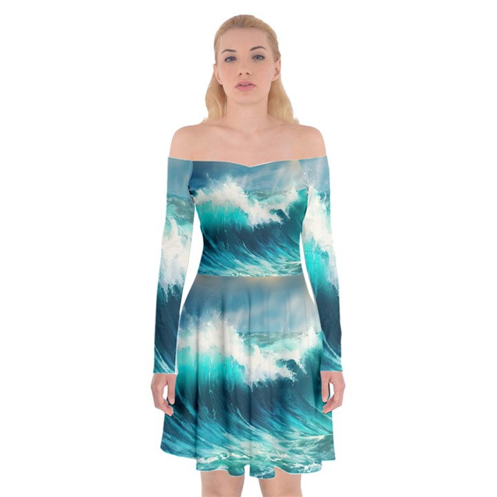 Waves Ocean Sea Tsunami Nautical Blue Off Shoulder Skater Dress