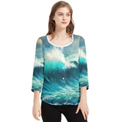 Waves Ocean Sea Tsunami Nautical Blue Chiffon Quarter Sleeve Blouse by Jancukart