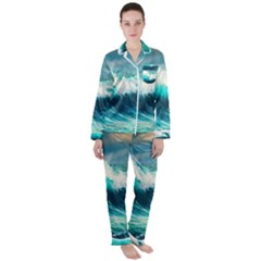 Waves Ocean Sea Tsunami Nautical Blue Women s Long Sleeve Satin Pajamas Set	 by Jancukart