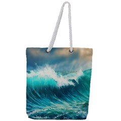 Waves Ocean Sea Tsunami Nautical Blue Full Print Rope Handle Tote (large) by Jancukart