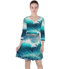 Waves Ocean Sea Tsunami Nautical Blue Quarter Sleeve Ruffle Waist Dress by Jancukart