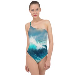 Waves Ocean Sea Tsunami Nautical Blue Classic One Shoulder Swimsuit by Jancukart