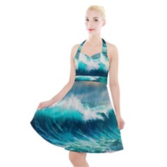 Waves Ocean Sea Tsunami Nautical Blue Halter Party Swing Dress  by Jancukart