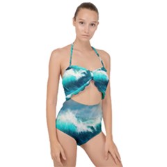 Waves Ocean Sea Tsunami Nautical Blue Scallop Top Cut Out Swimsuit by Jancukart