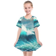 Waves Ocean Sea Tsunami Nautical Blue Kids  Smock Dress by Jancukart